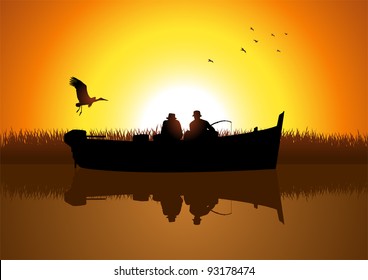 Vector Illustration Of Two Men Silhouette Fishing On The Lake