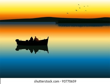 Vector Illustration Of Two Men Silhouette Fishing On Tranquil Lake