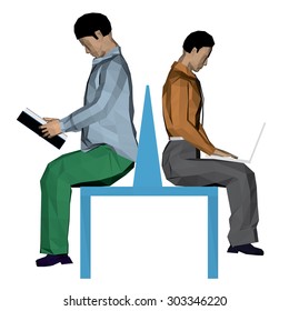 Vector illustration of two men sitting on the bench. One is reading a book and the other works with a laptop. 3D. EPS 8.