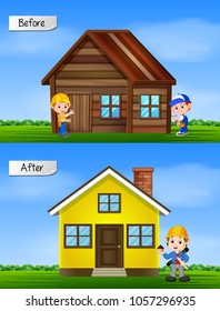 vector illustration of two men standing in front of a house divided into before and after renovation
