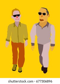 Vector illustration two men walking with sunglasses.