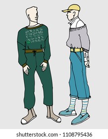 vector illustration of two men wearing street-style clothes.Fashionable jersey suit, knitted jamper put on the shirt, short and wide jeans with knee socks and snickers.
