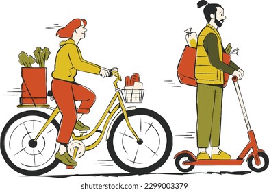 Vector illustration of two men women riding on scooter and shopping in supermarket