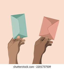 Ilustración vectorial de las manos de dos hombres con sobres.