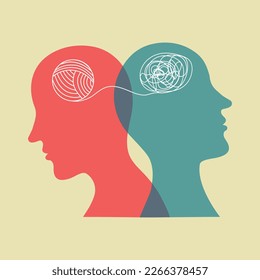 Vector illustration of two men's heads silhouettes with brain in form of entangled yarn thread. Mental health psychology anxiety depression creativity concept