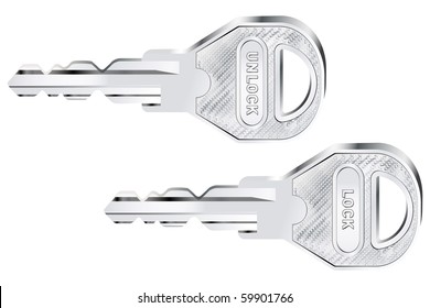 Vector illustration of two metal keys - lock/unlock lettering
