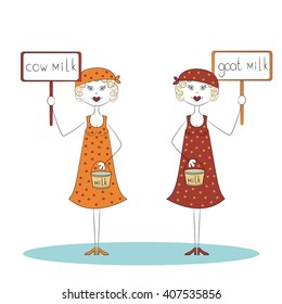 Vector Illustration - two milkmaids with cow and goat milk