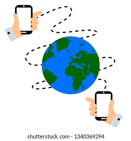 Vector illustration with two mobile phones communicating with each other around the world