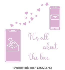 Vector illustration with two mobile phones, hearts and love correspondence. Love message. Happy Valentine's Day. Romantic background.
