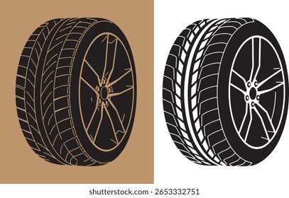 Vector illustration of two modern car tires with alloy wheels and tread detail