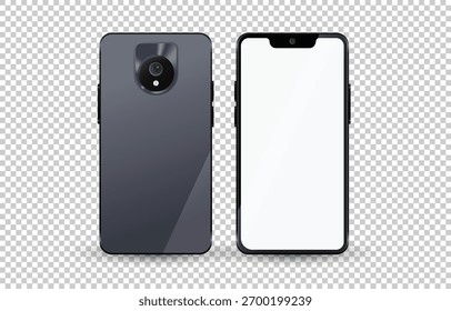 Vektorgrafik von zwei modernen dunkelgrauen Smartphones, von denen das eine die Vorderseite mit einem leeren weißen Bildschirm und das andere die Rückseite mit einem Kameramodul zeigt, einzeln auf transparentem Hintergrund 