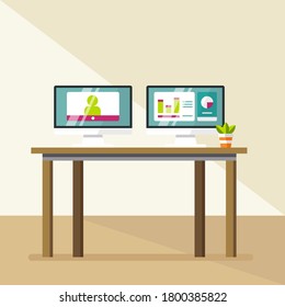 Vector illustration of two monitors and work desk. Suit for landing page background, online course, communication website, and etc.