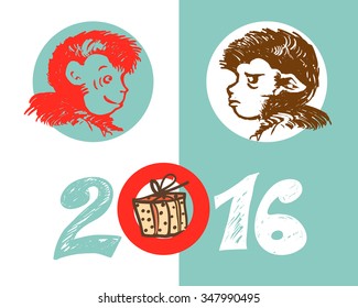 Vector illustration of two monkeys - joyful and cheerful, and the inscription in 2016 with a gift box. 2016 year of Monkey. 
