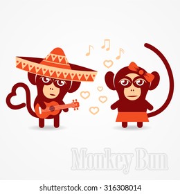 vector illustration of two monkeys - male and female, the male in a sombrero playing guitar love song for females / Monkey declaration of love songs using guitar