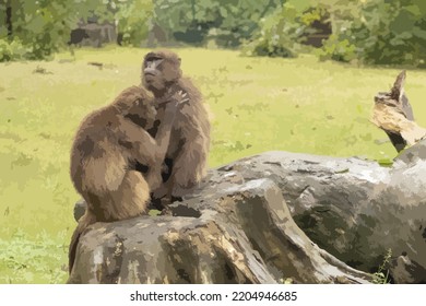 Vector illustration of two monkeys sitting on a tree stump. A monkey plucking its fur. Fur care. A couple of monkeys. Wild animals, primates, monkeys. Green vector background.
Nature, environment