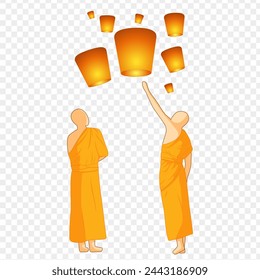 Vector illustration of two monks flying sky lanterns on transparent background