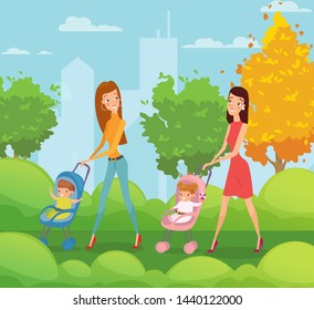 Vector illustration of two mothers with kids walking and talking in the park. Happy friends young women walks around the city park with babies. Mothers and children together outdoors in flat cartoon