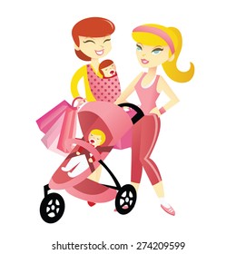 A vector illustration of two mothers with young children. One mother in sporty running attire with child in sports buggy and a shopping mom with child in sling and shopping bags.