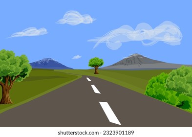 Vector illustration of two mountains with green trees around them. The road to Mount Sumbing and Sindoro in Central Java