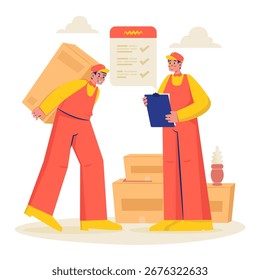 Vector illustration of two moving service workers, one lifting boxes and the other holding a checklist for packing verification