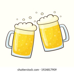 Vector illustration of two mugs of beer with froth isolated on white background. Two glasses of beer in cartoon style

