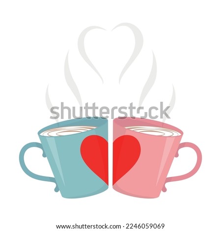Vector illustration. Two mugs of coffee. Love. heart shape