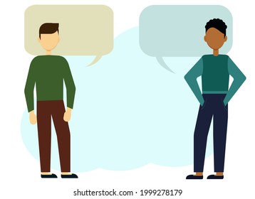 Vector illustration of two multiethnic men communicate. Bubbles for text