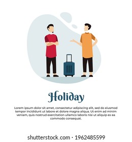 Vector illustration of two Muslim men talking to go on vacation with suitcase