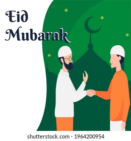 Imagen vectorial de dos hombres musulmanes dándose la mano disculpándose por celebrar Eid Al-Fitr. Saludo de Eid Al-Fitr