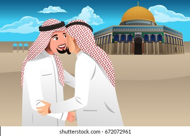 A vector illustration of Two Muslim Men Embracing Each Other