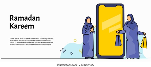 Vector illustration of two Muslim women shopping at an online shop. Modern flat in continuous line style.