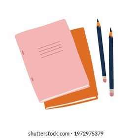 Vector illustration of two notebooks and two pencils, isolated on white. Hand-drawn set in flat style. The concept of objects for learning, office supplies, drawing.