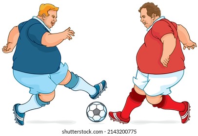 Vector illustration of two obese soccer player kicking football,playing football together,training,football match,mature soccer teams,football tournament for fat people,on white,Sportsfor good health.