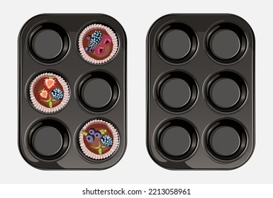 Vector illustration of two objects. Elements are Cake mold with 3 muffins with berries and one empty form. Bakeries, cafe, confectionery, design, posters concept. Isolated on white background.