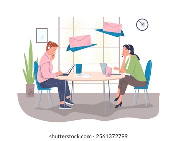 Vector illustration of two office employees working at a desk, using laptops and phones, surrounded by floating email icons. Modern workspace design with soft colors, plants, and a clock on the wall