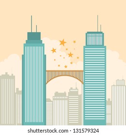 Vector illustration of two office tower buildings connected by a bridge.