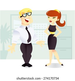 A Vector Illustration Of Two Office Workers Having A Chat  In Office Setting.