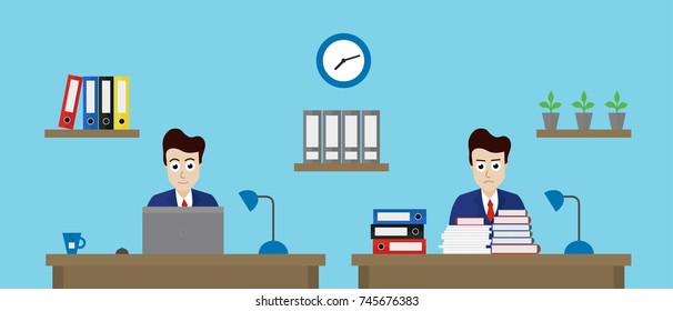 Vector illustration of two office workers in one office with different work - flat design