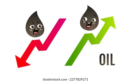 Vector illustration of two oil drops with arrows. Trade of oil. Vector kawaii icons of oil emoji. Arrow up and down