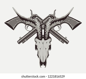 Vector illustration with two old crossed revolvers and skull of goat in detailed realistic style. Banner on the theme of death and firearms. Template for clothing, textiles, t-shirt design.