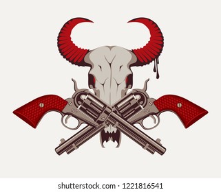 Vector illustration with two old crossed revolvers and skull of bull or sheep with blood drips. Banner on the theme of death and firearms. Template for clothing, textiles, t-shirt design.