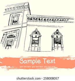Vector illustration of two old houses with windows, drawn in sketch style on a light yellow background. Bologna, Italy.