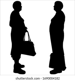 Vector illustration two older friends met and talk among themselves. Black shadows on a white isolated background. Retired women are facing each other and are having a conversation. Holds a ladies bag