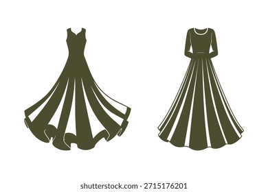 Ilustración vectorial de dos vestidos verde oliva con faldas fluidas y detalles plisados blancos ideales para el diseño de moda y la referencia de la prenda.