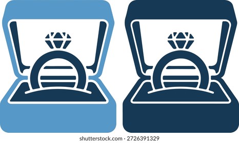 Ilustração vetorial de duas caixas de joias abertas com anéis de diamante em cores azul e azul escuro no fundo branco