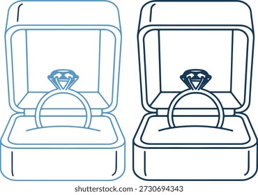 Vector illustration of two open jewelry boxes with diamond rings, symbolizing luxury and gift giving, in dark blue and light blue line art on white background