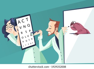 vector illustration -  two ophthalmologists  doing vision test to a mole with glasses