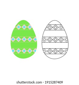 A vector illustration of two ornamented eggs isolated on white background. One egg is colored green, another is black and white. Designed as a coloring book page for adults and kids.