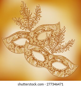 Vector illustration of two ornate floral Venetian carnival masks with feathers