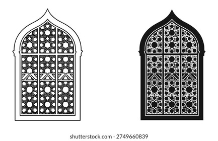 Vector illustration of two ornate Islamic arch window designs. One is a black silhouette with white geometric patterns, the other is a white outline with a similar intricate design. Ideal for architectural, cultural, or decorative projects.